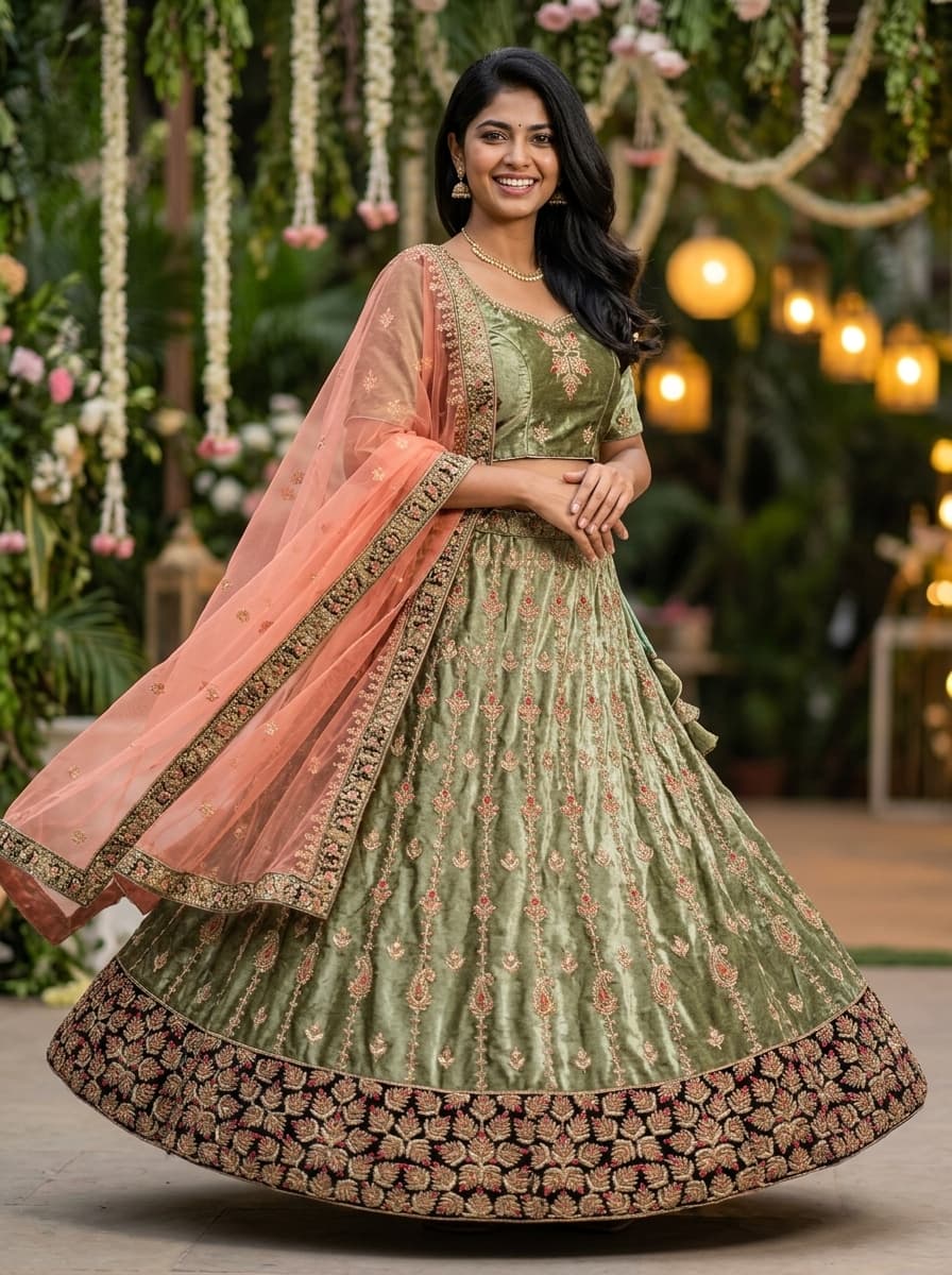 Olive Green Lehenga With Peach Dupatta