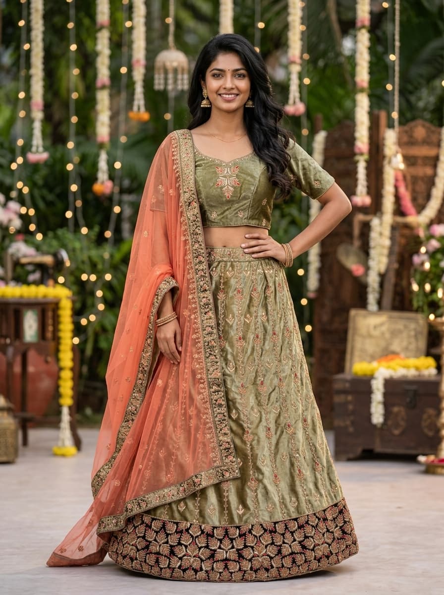Olive Green Lehenga With Peach Dupatta