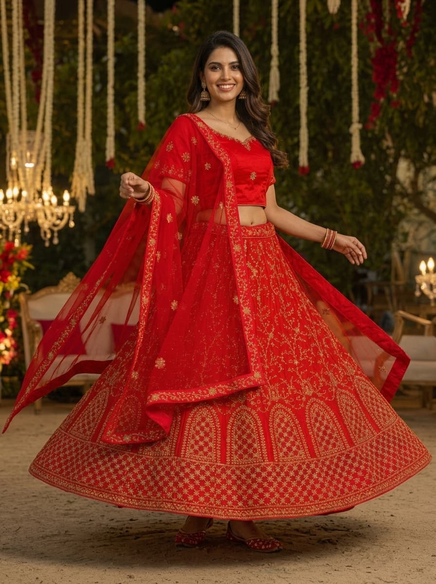 Red Embroidered Lehenga