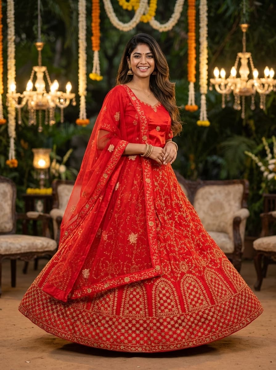 Red Embroidered Lehenga