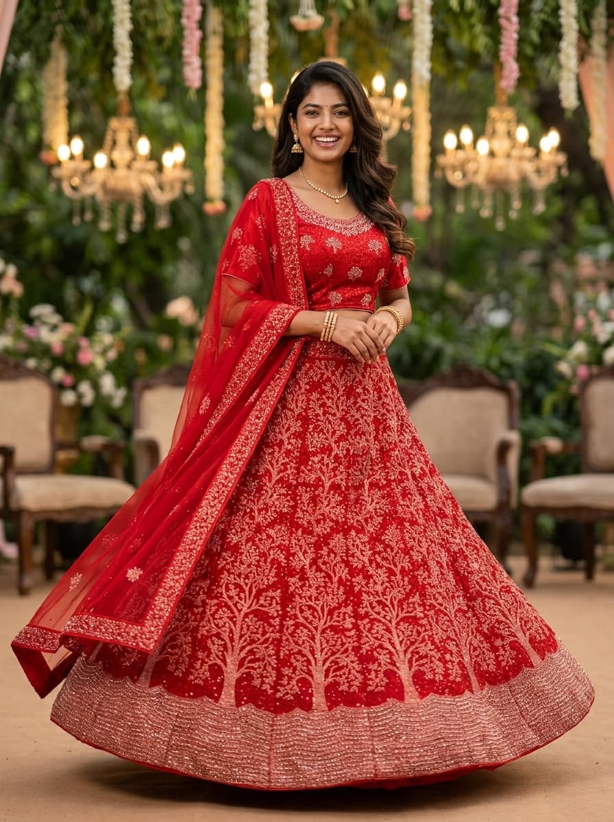 Red Tree Motif Bridal Lehenga