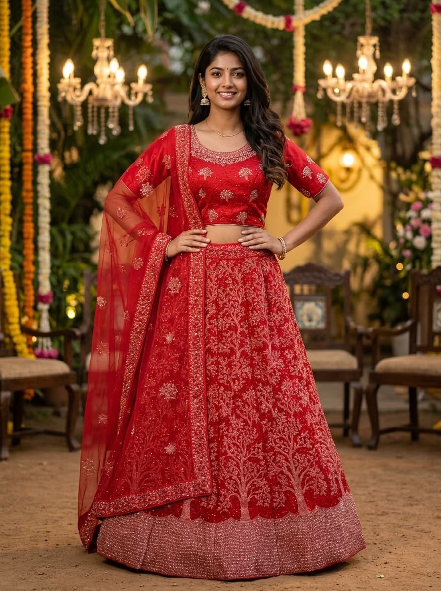 Red Tree Motif Bridal Lehenga