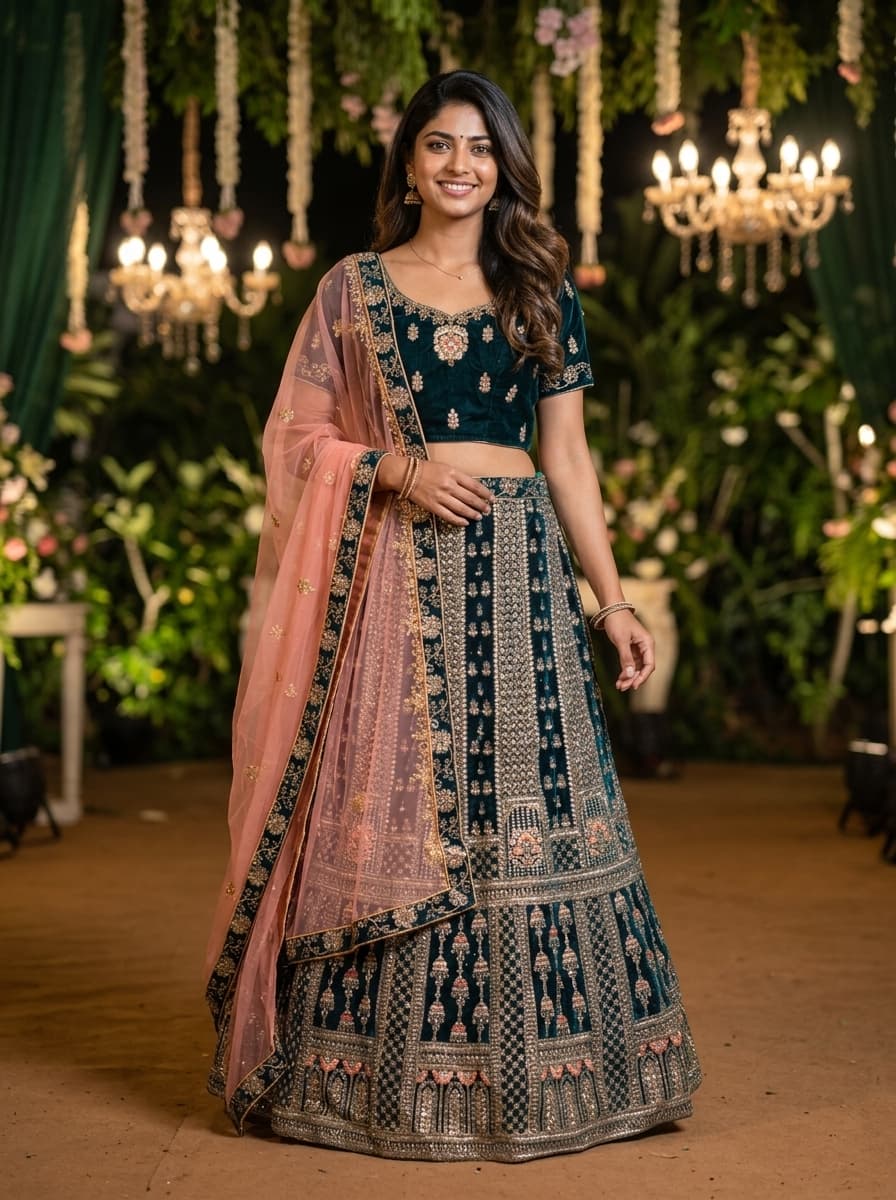 Teal Velvet Lehenga With Pink Dupatta