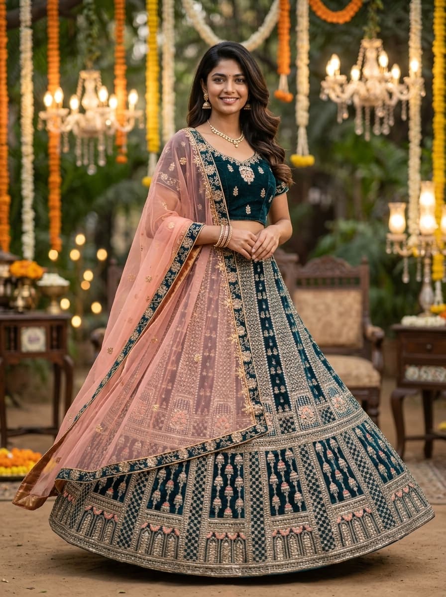 Teal Velvet Lehenga With Pink Dupatta