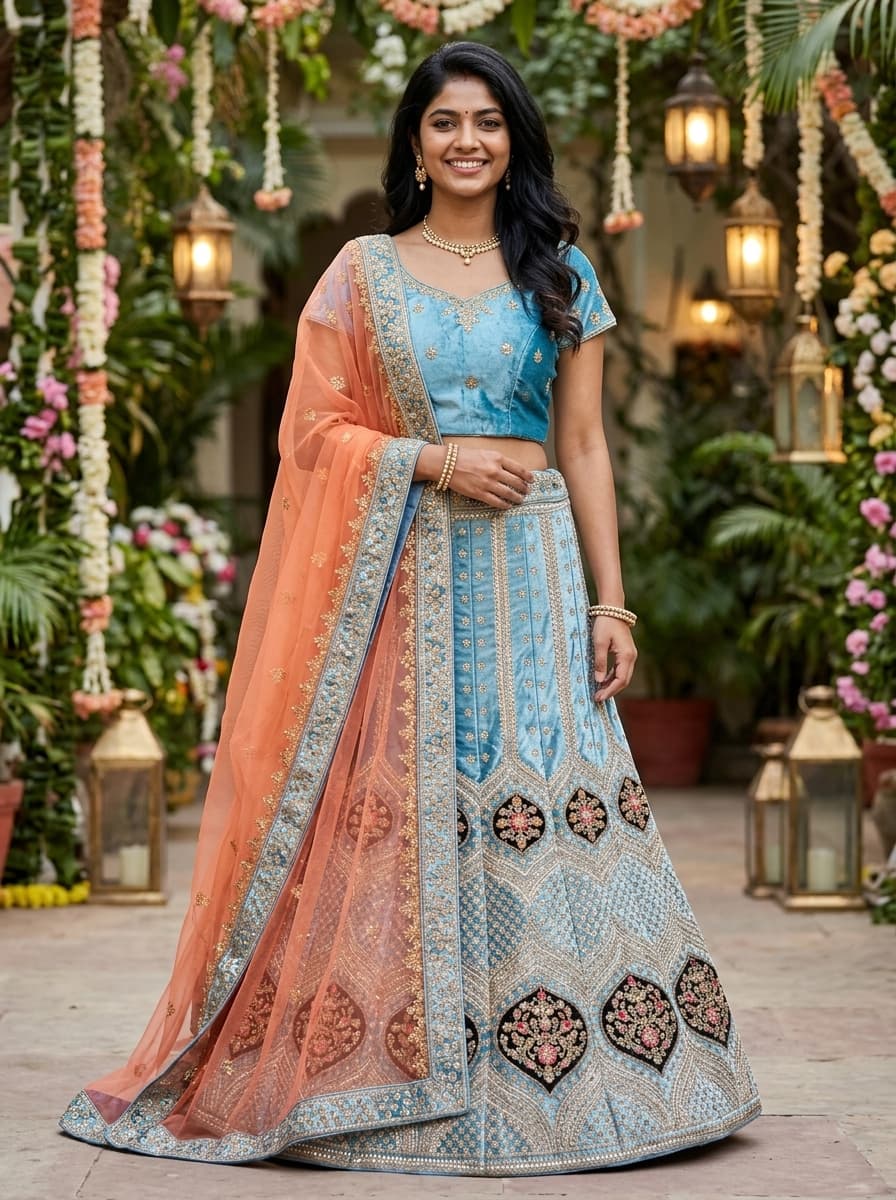 Sky Blue Velvet Lehenga With Peach Dupatta
