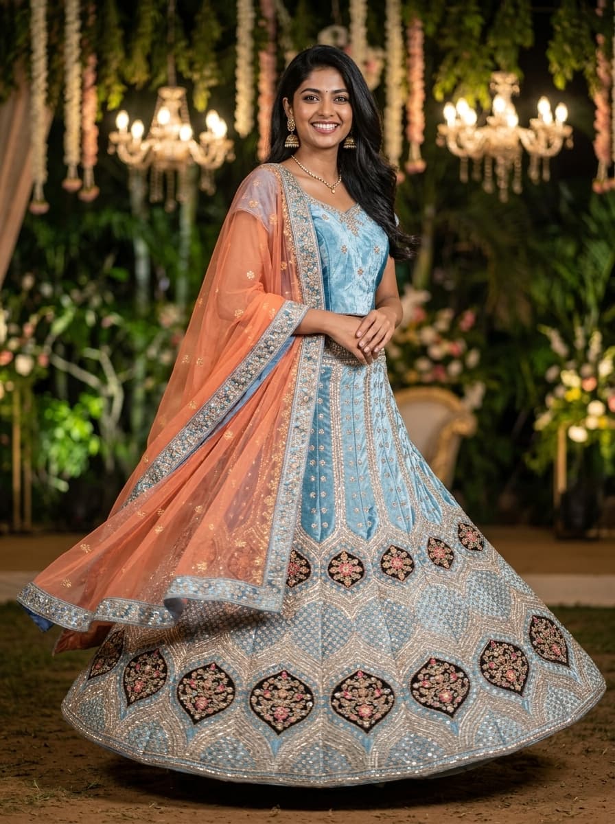 Sky Blue Velvet Lehenga With Peach Dupatta
