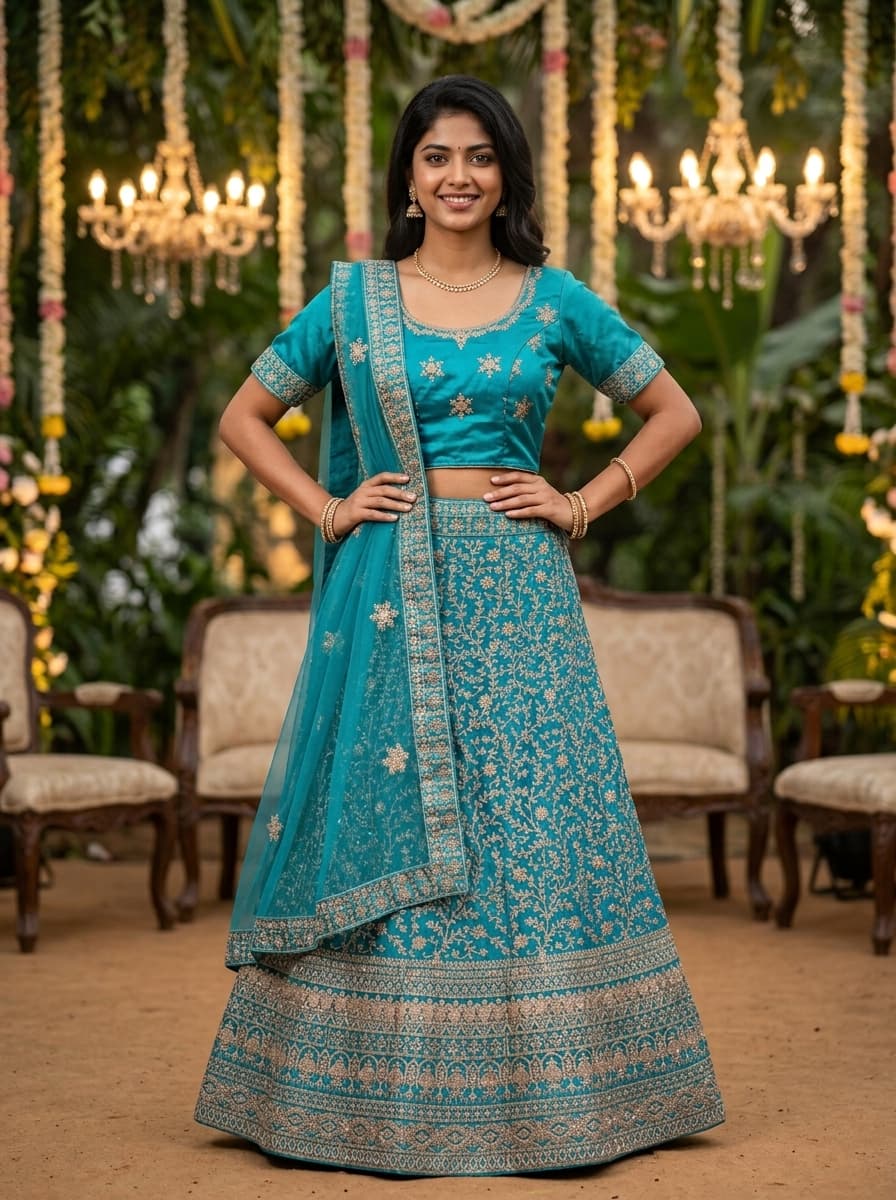 Turquoise Embroidered Lehenga