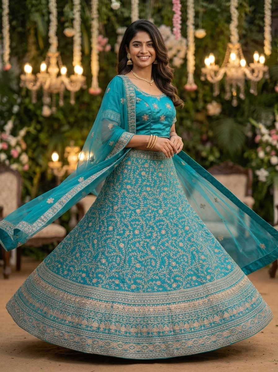 Turquoise Embroidered Lehenga