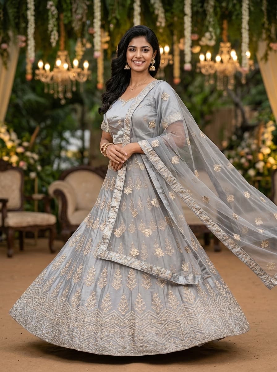 Silver Grey Embroidered Lehenga