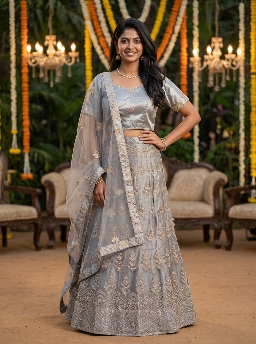 Silver Grey Embroidered Lehenga