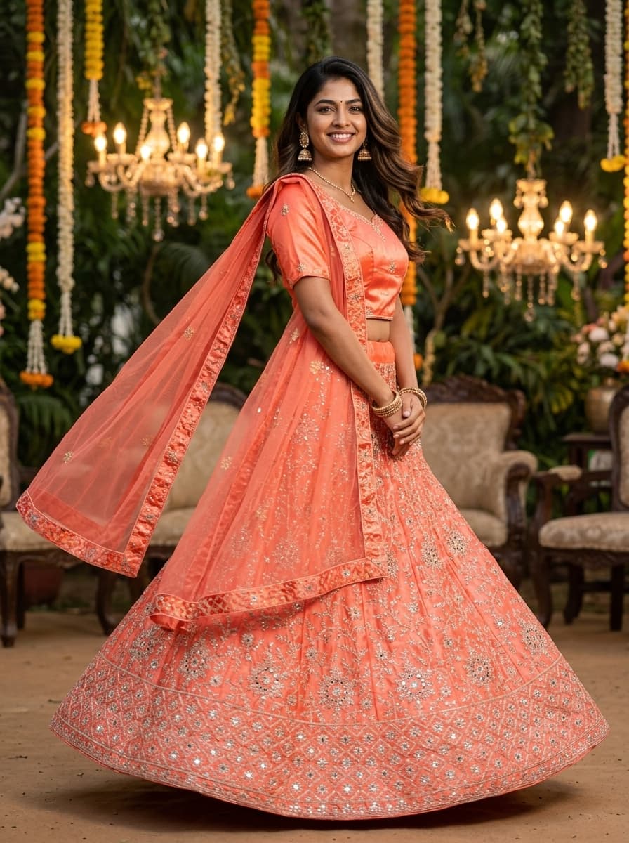 Coral Orange Embroidered Lehenga