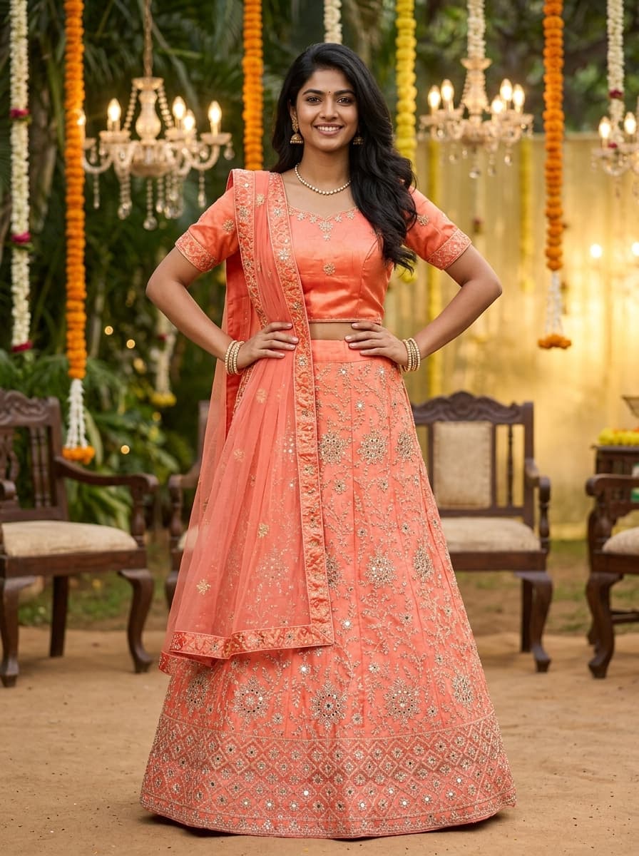Coral Orange Embroidered Lehenga