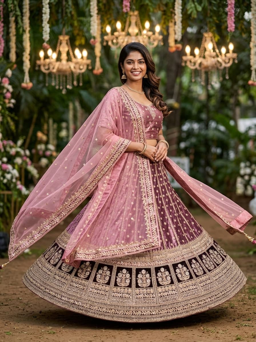 Mauve Velvet Lehenga With Dupatta