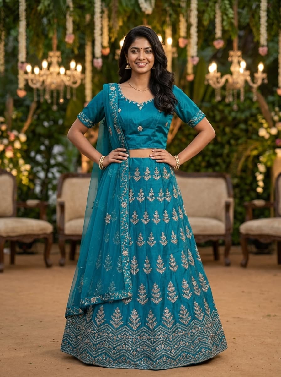 Turquoise Blue Embroidered Lehenga