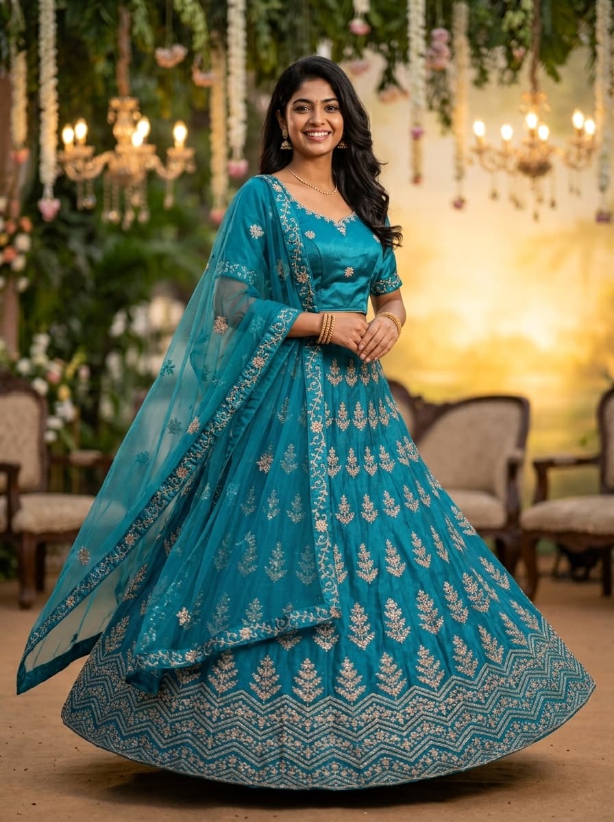 Turquoise Blue Embroidered Lehenga
