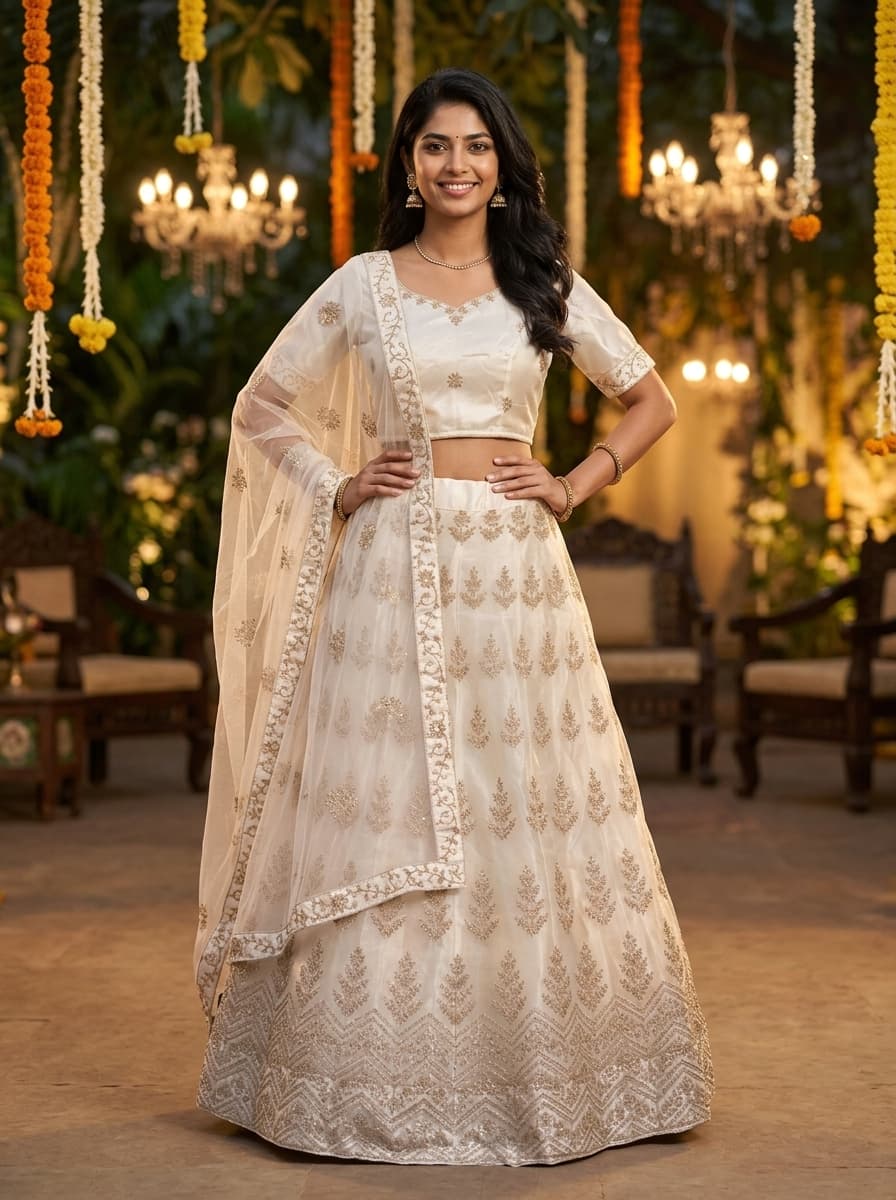 Pearl White Embroidered Lehenga