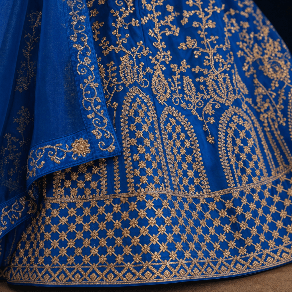 Royal Blue Vine Embroidered Lehenga - detail (model)