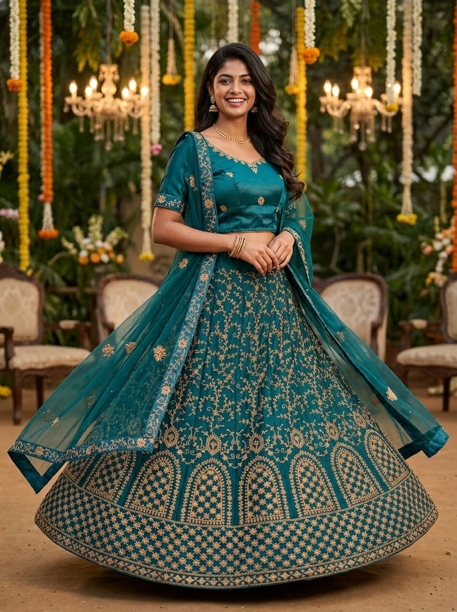 Green Vine Embroidered Lehenga