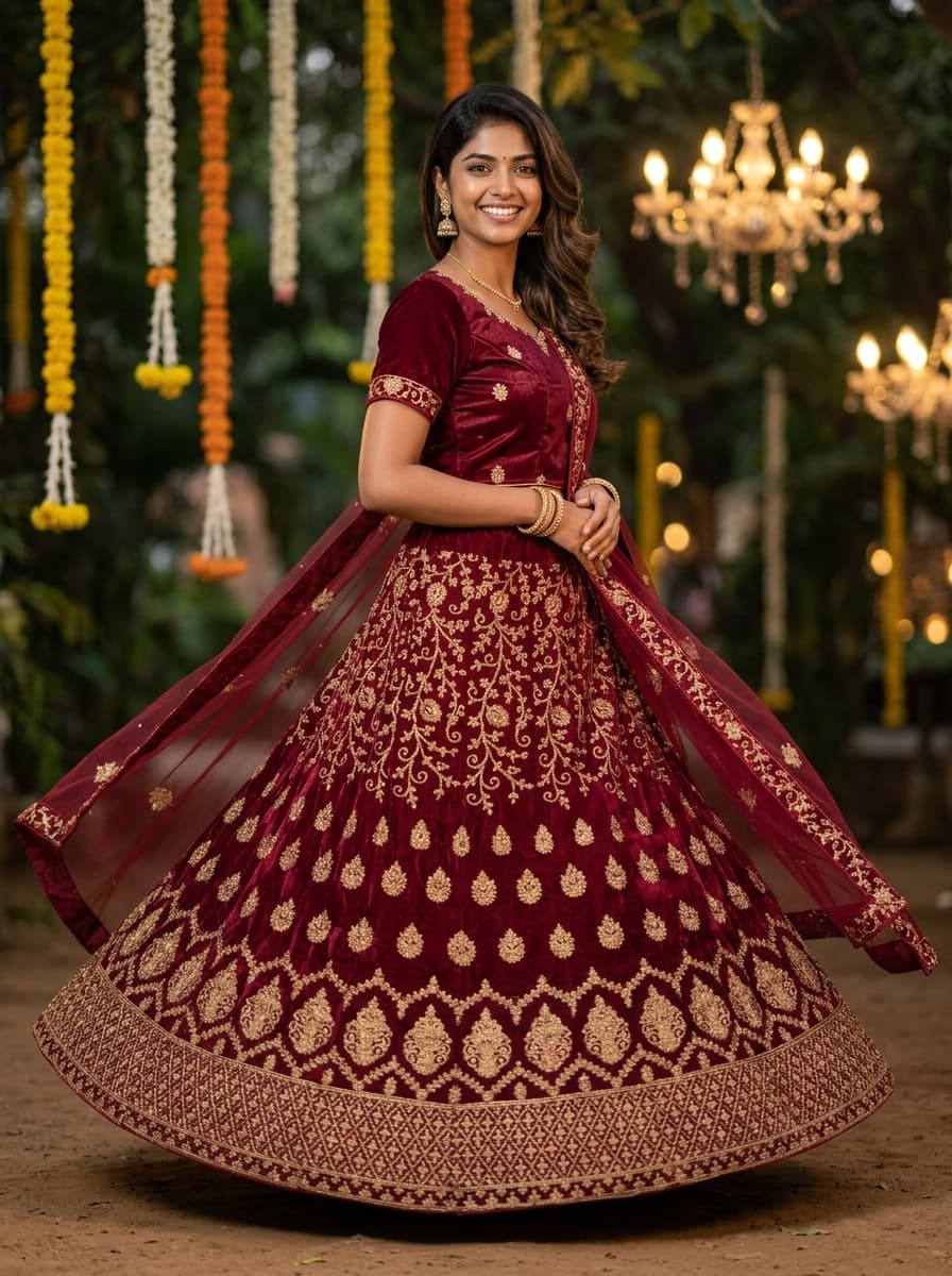 Dark Maroon Embroidered Lehenga