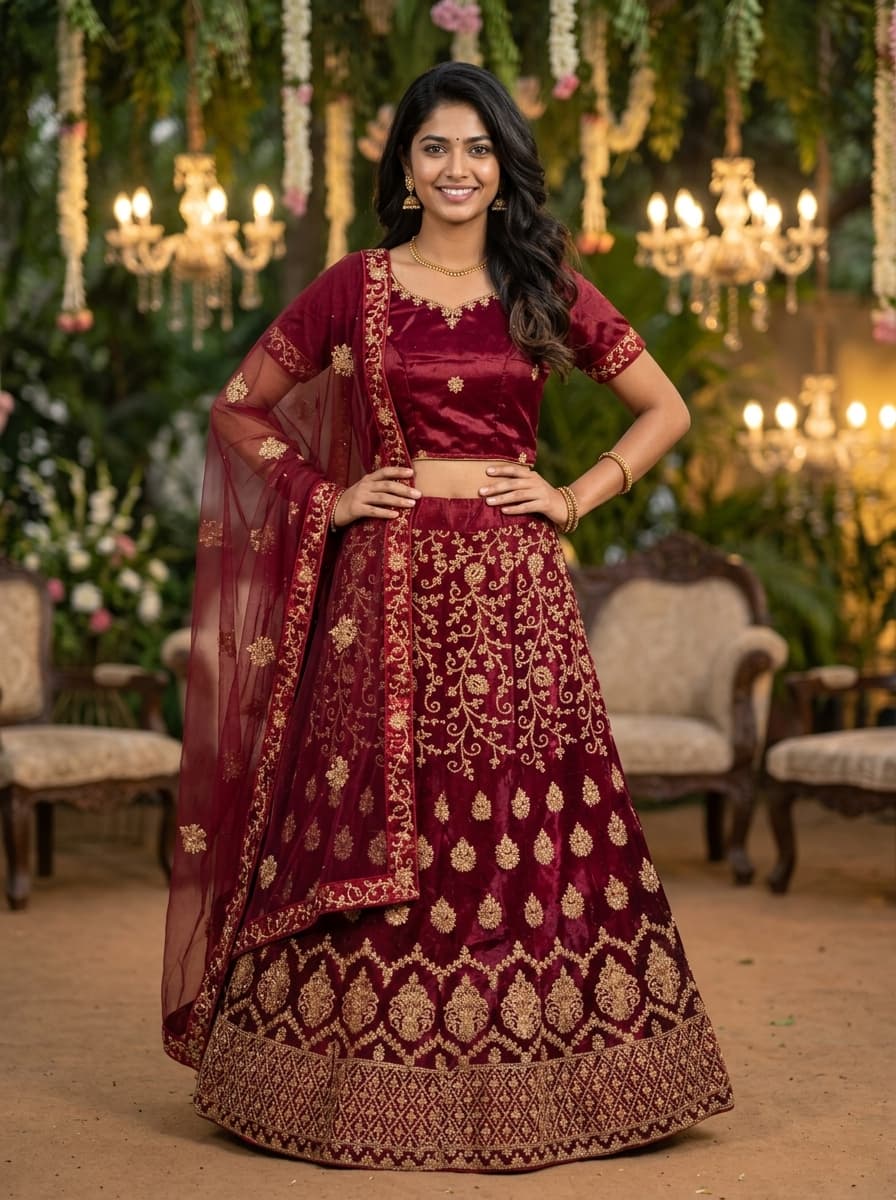 Dark Maroon Embroidered Lehenga