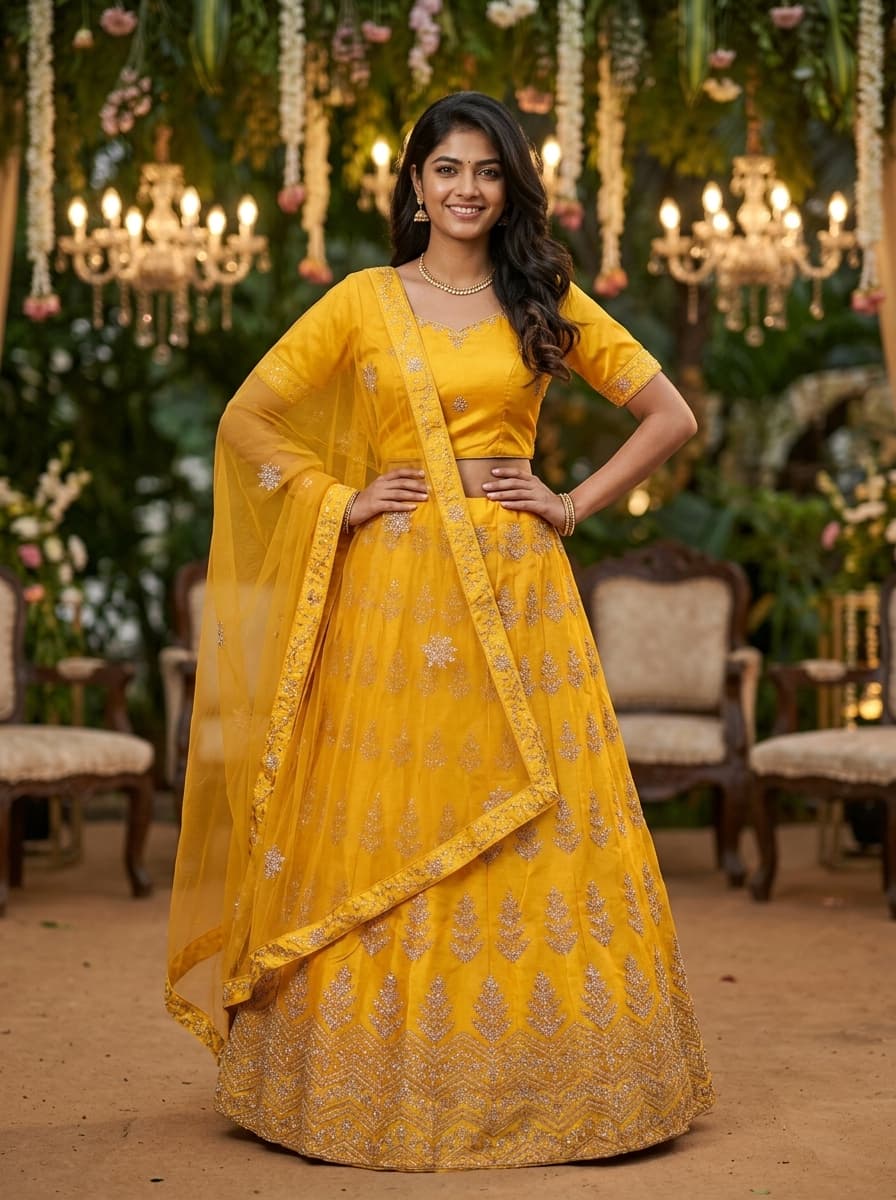 Yellow Embroidered Festive Lehenga