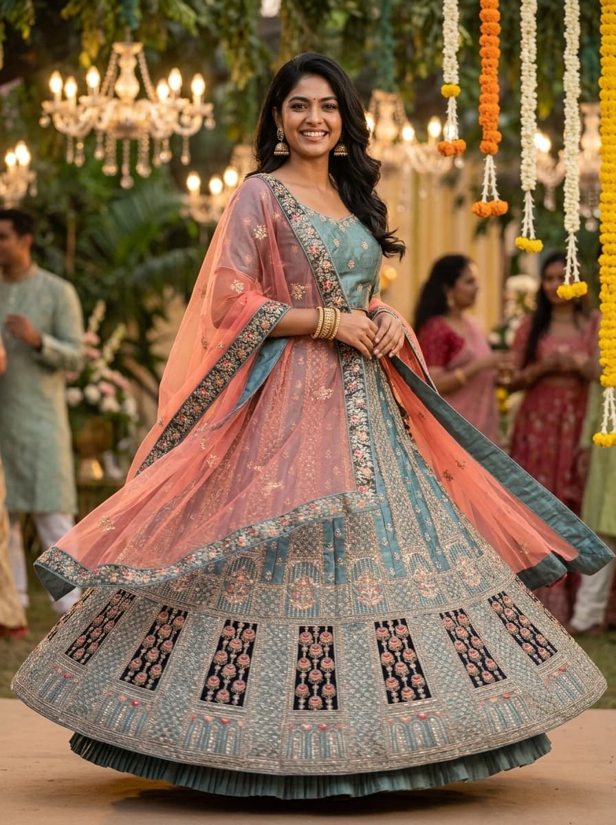 Grey Velvet Embroidered Lehenga