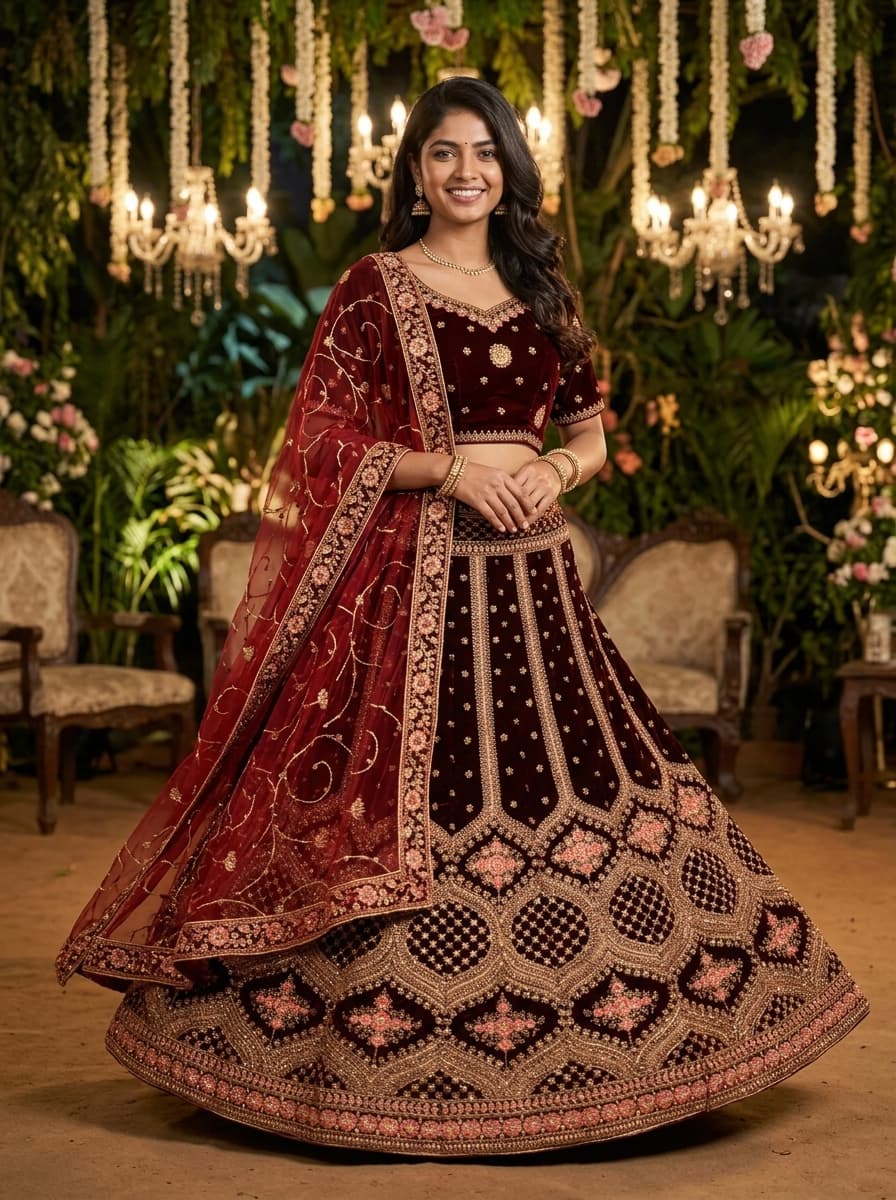 Dark Maroon Velvet Bridal Lehenga
