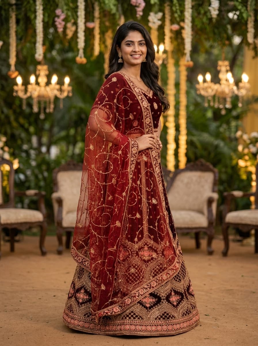 Dark Maroon Velvet Bridal Lehenga