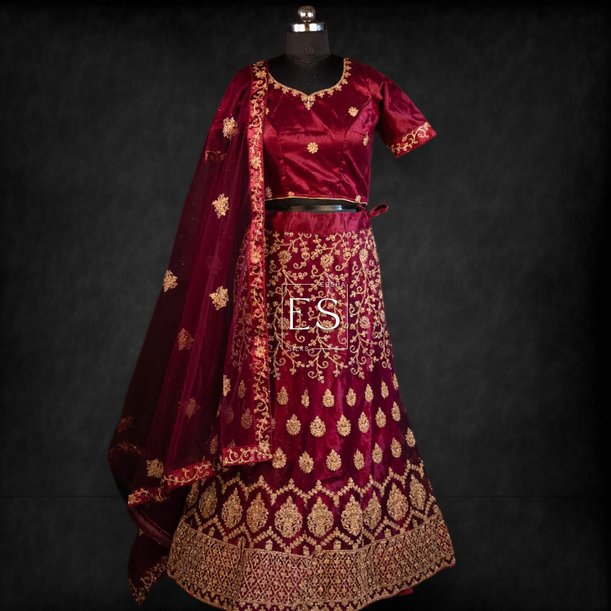Dark Maroon Embroidered Lehenga