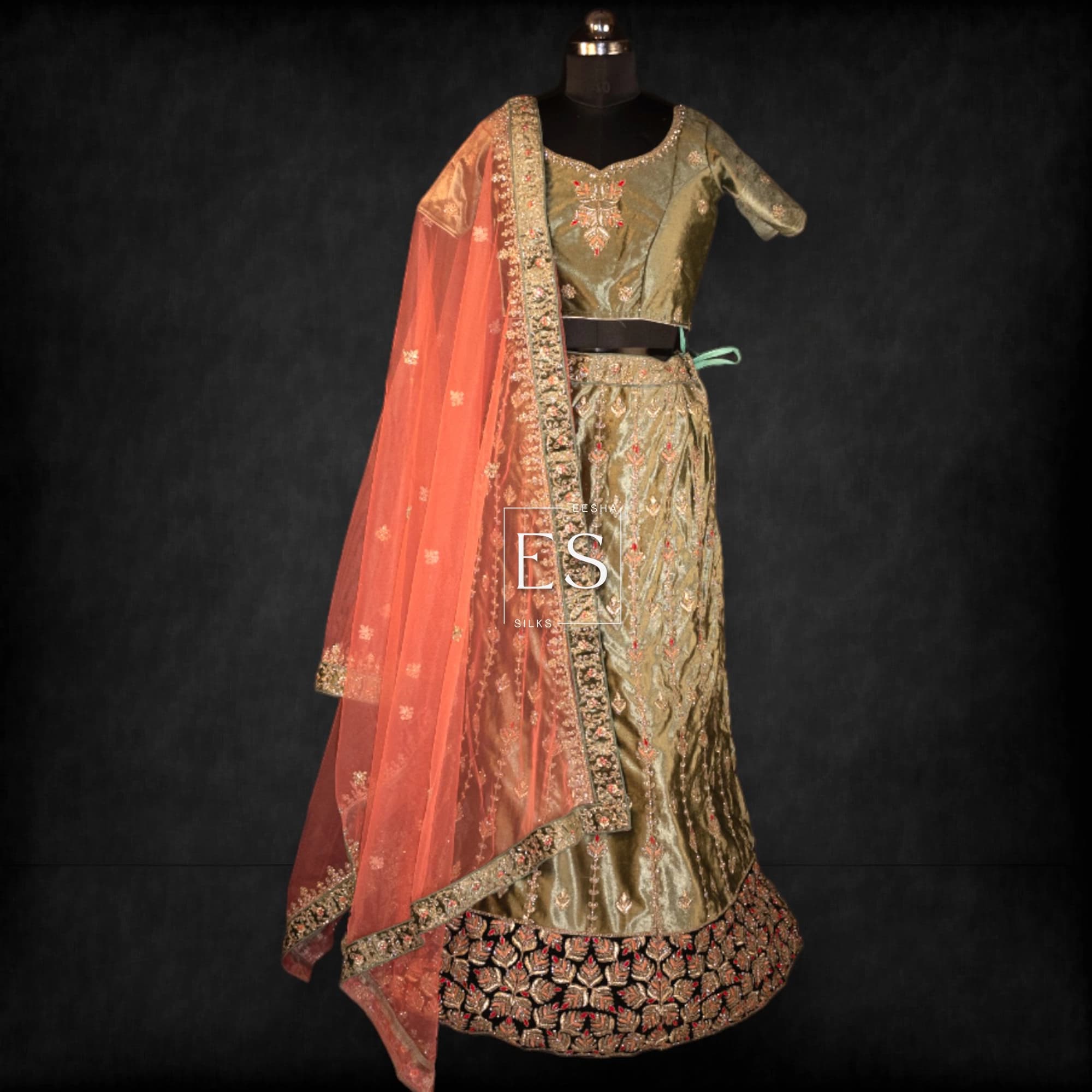Olive Gold Lehenga with Peach Dupatta - View 1