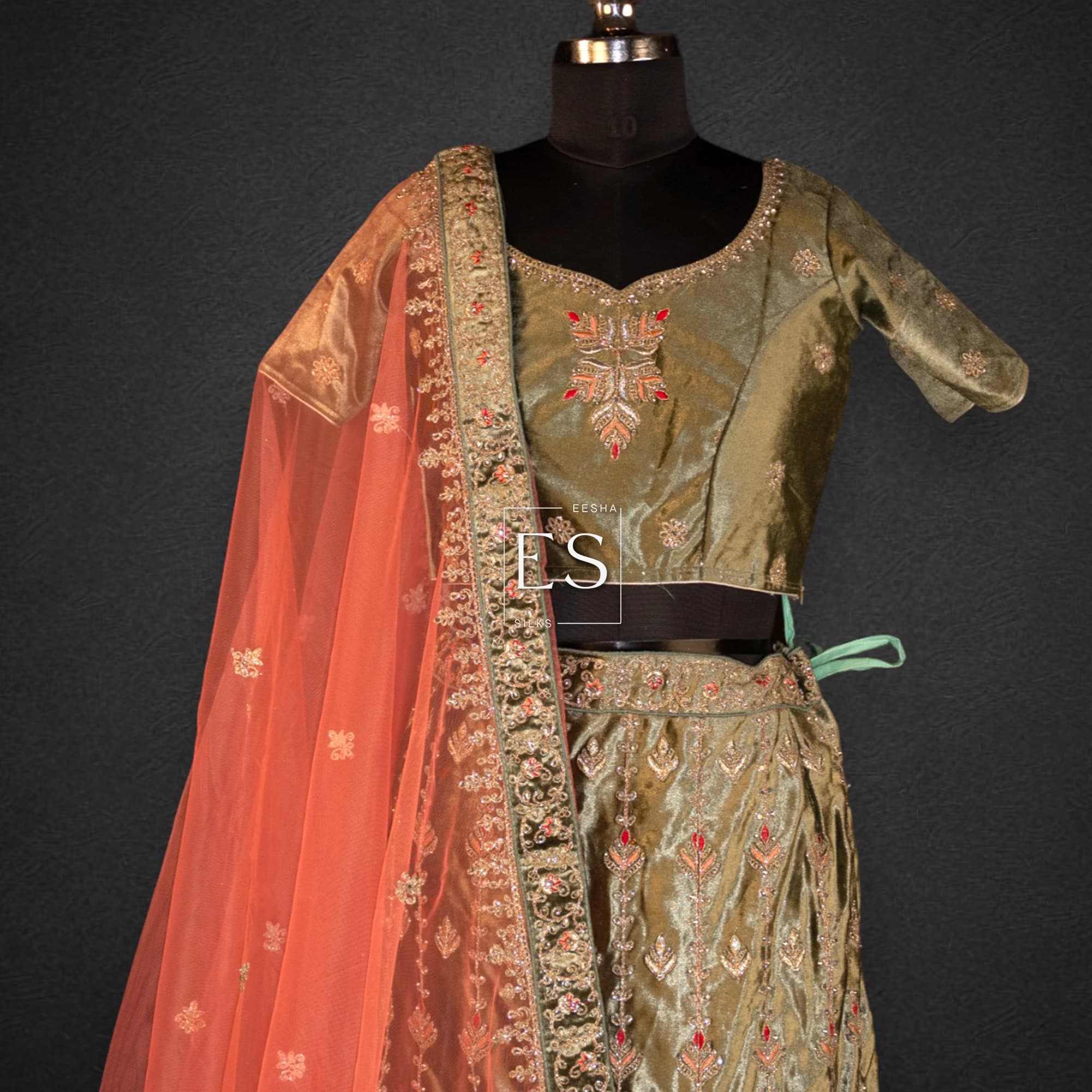 Olive Gold Lehenga with Peach Dupatta - View 2