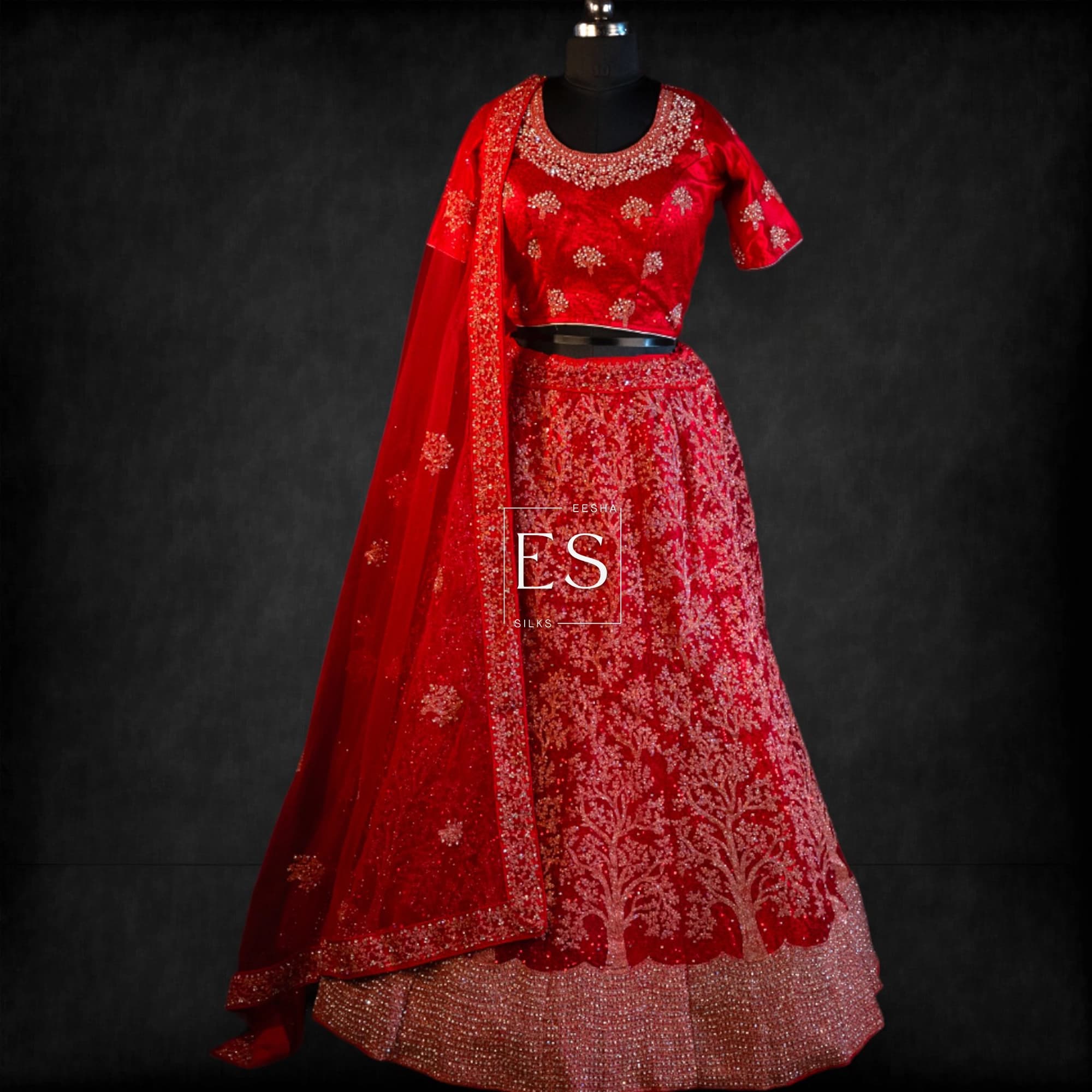 Red Tree Motif Bridal Lehenga - View 1