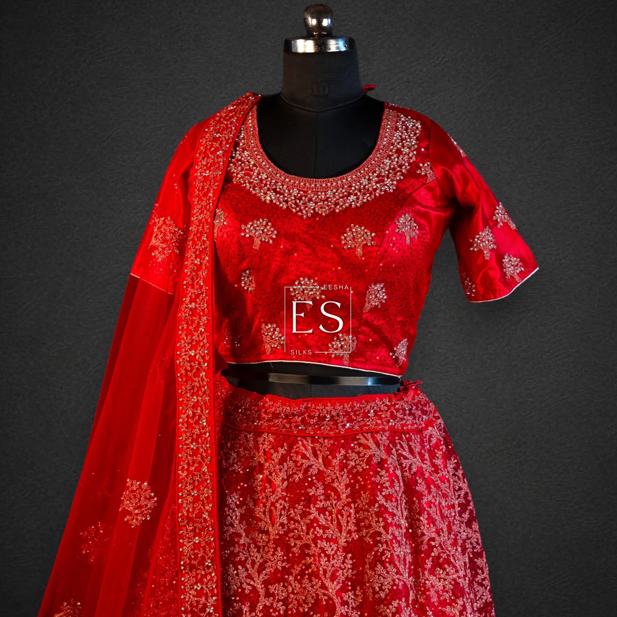 Red Tree Motif Bridal Lehenga - View 2