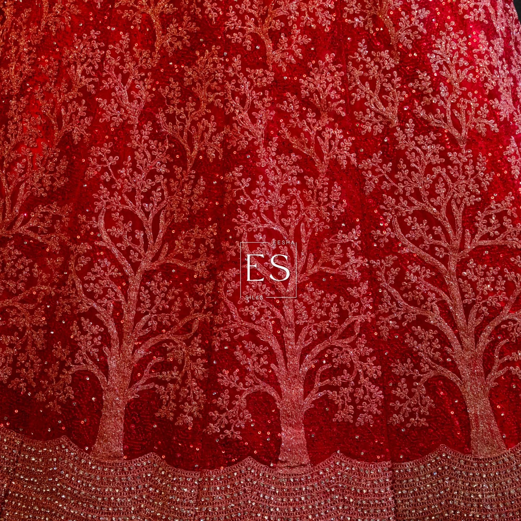 Red Tree Motif Bridal Lehenga - View 3