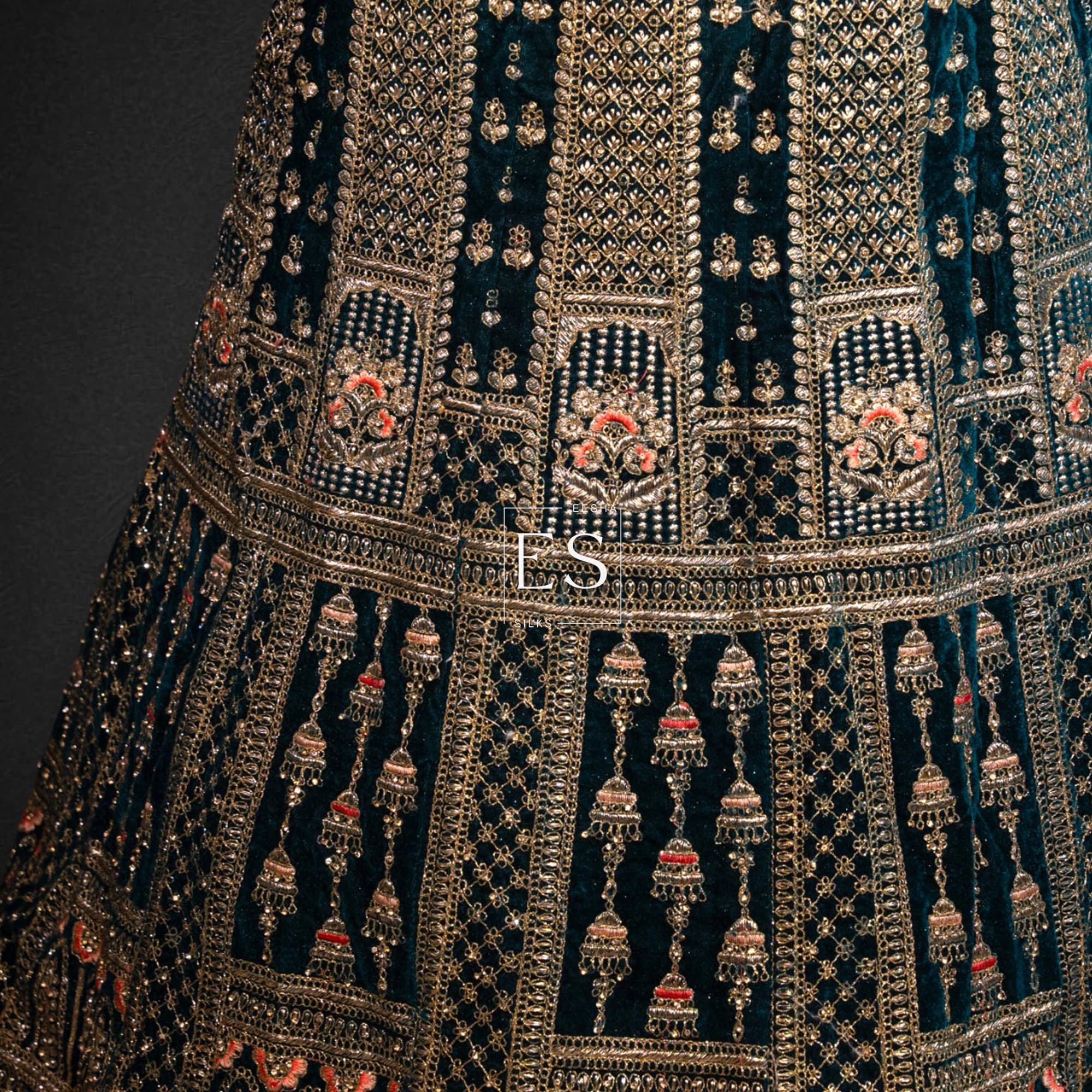 Teal Velvet Lehenga with Pink Dupatta - View 3