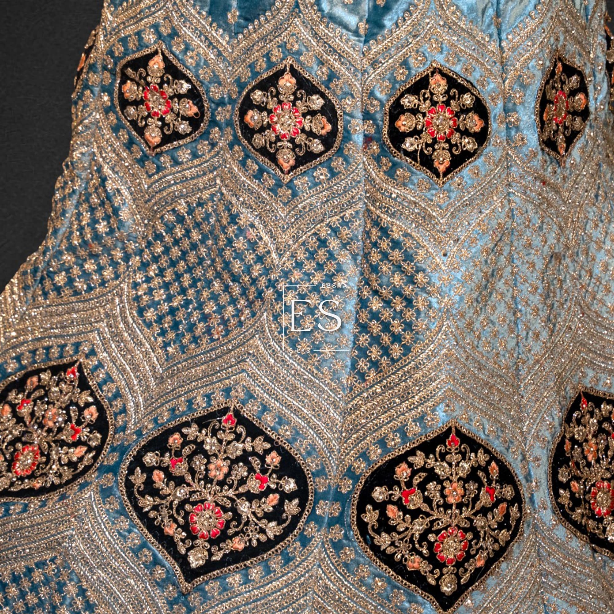 Sky Blue Velvet Lehenga with Peach Dupatta - View 3