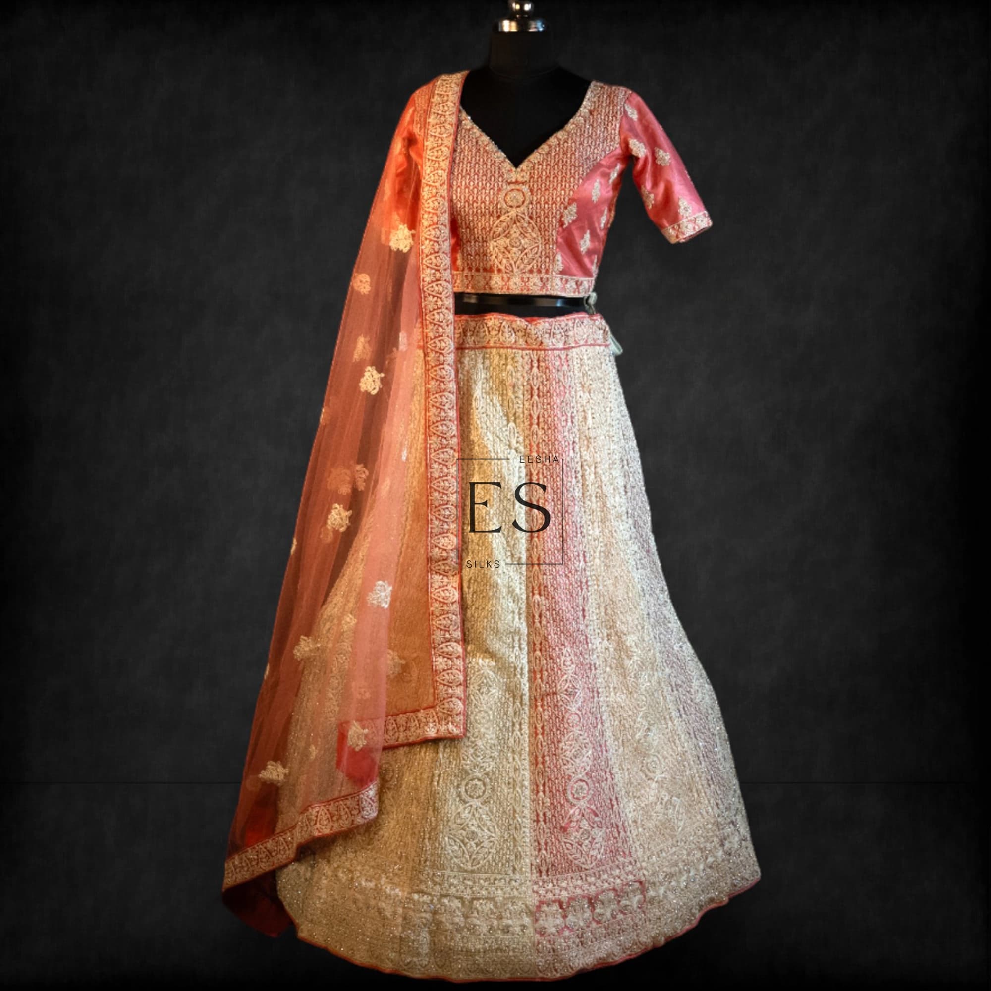 Peach Rose Gold Embroidered Lehenga - View 1