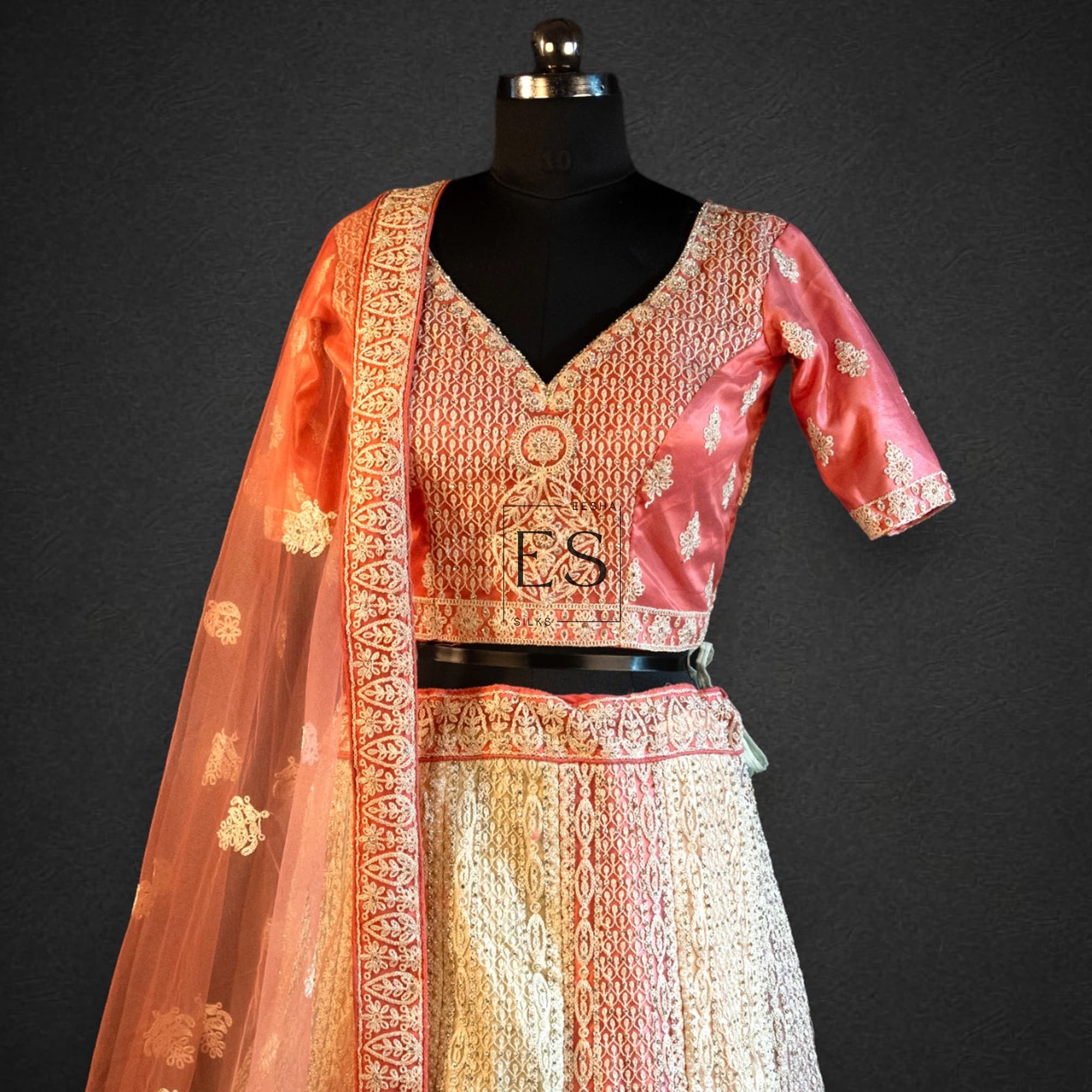Peach Rose Gold Embroidered Lehenga - View 2