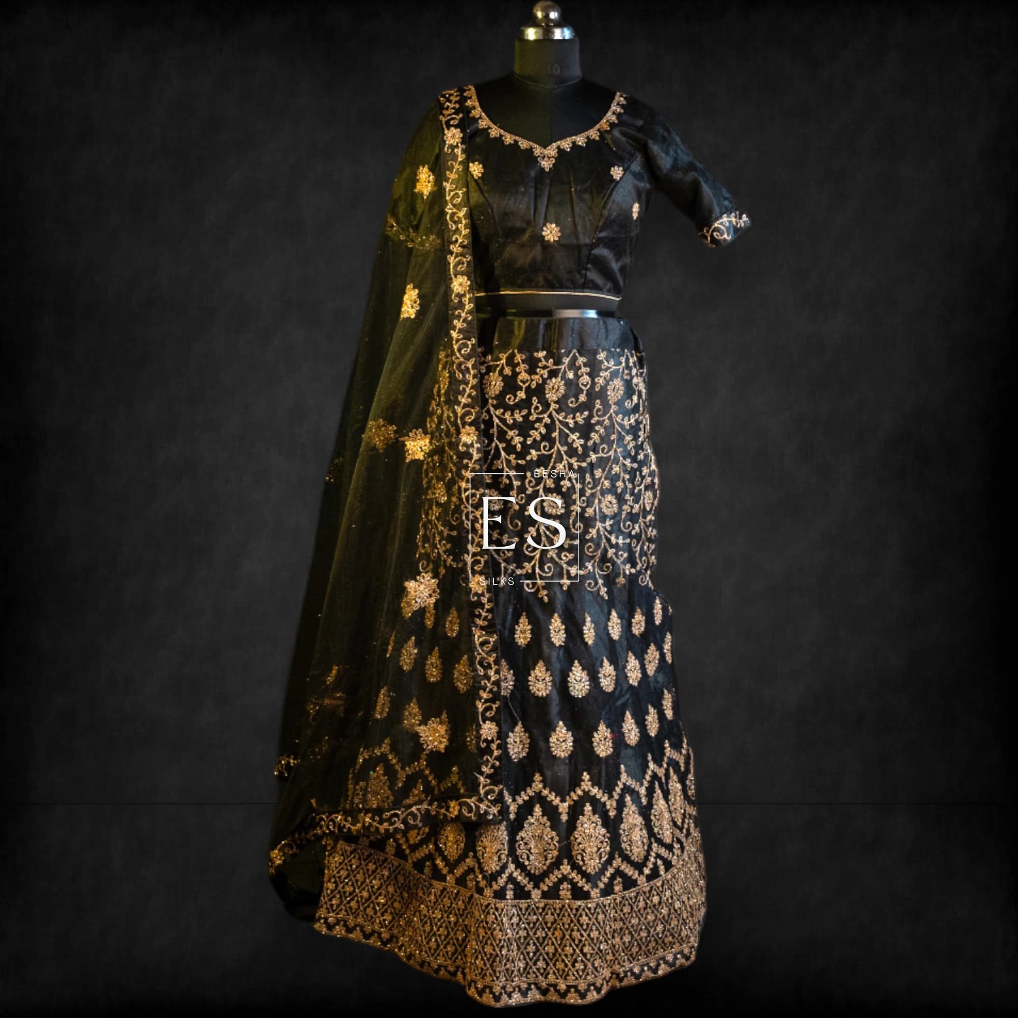 Black Gold Embroidered Lehenga - View 1