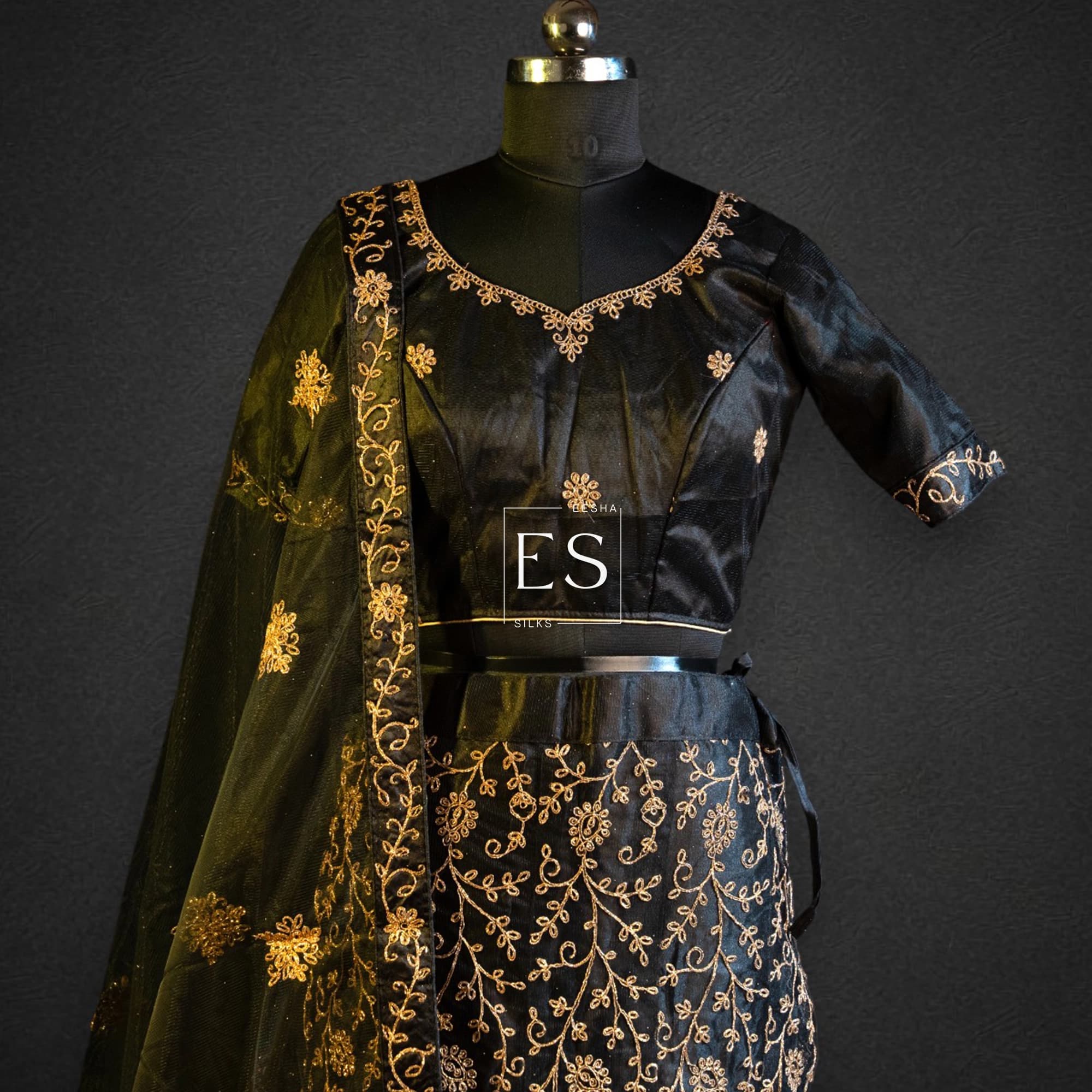 Black Gold Embroidered Lehenga - View 2
