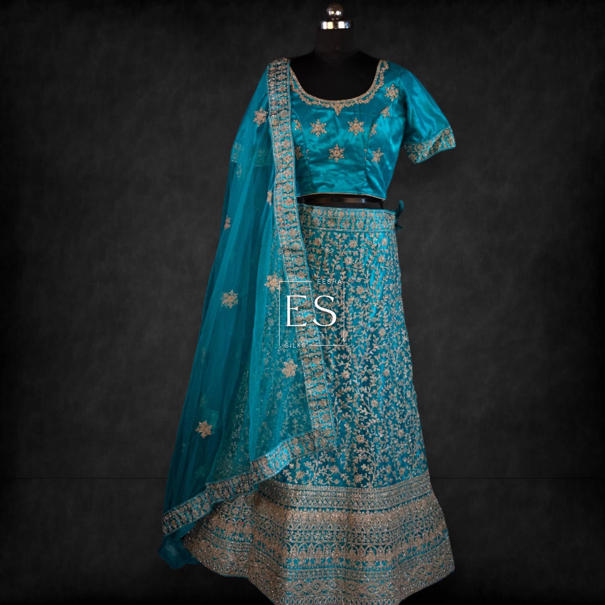 Turquoise Embroidered Lehenga - View 1