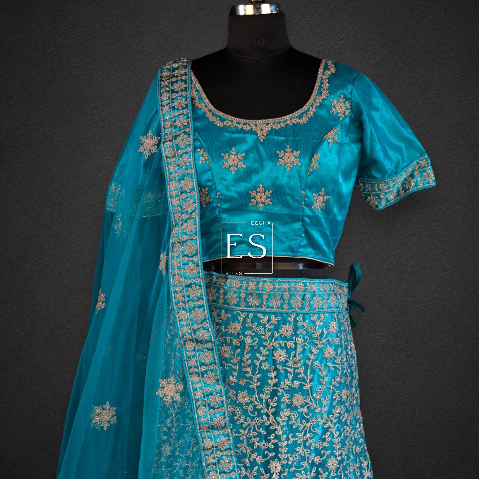 Turquoise Embroidered Lehenga - View 2