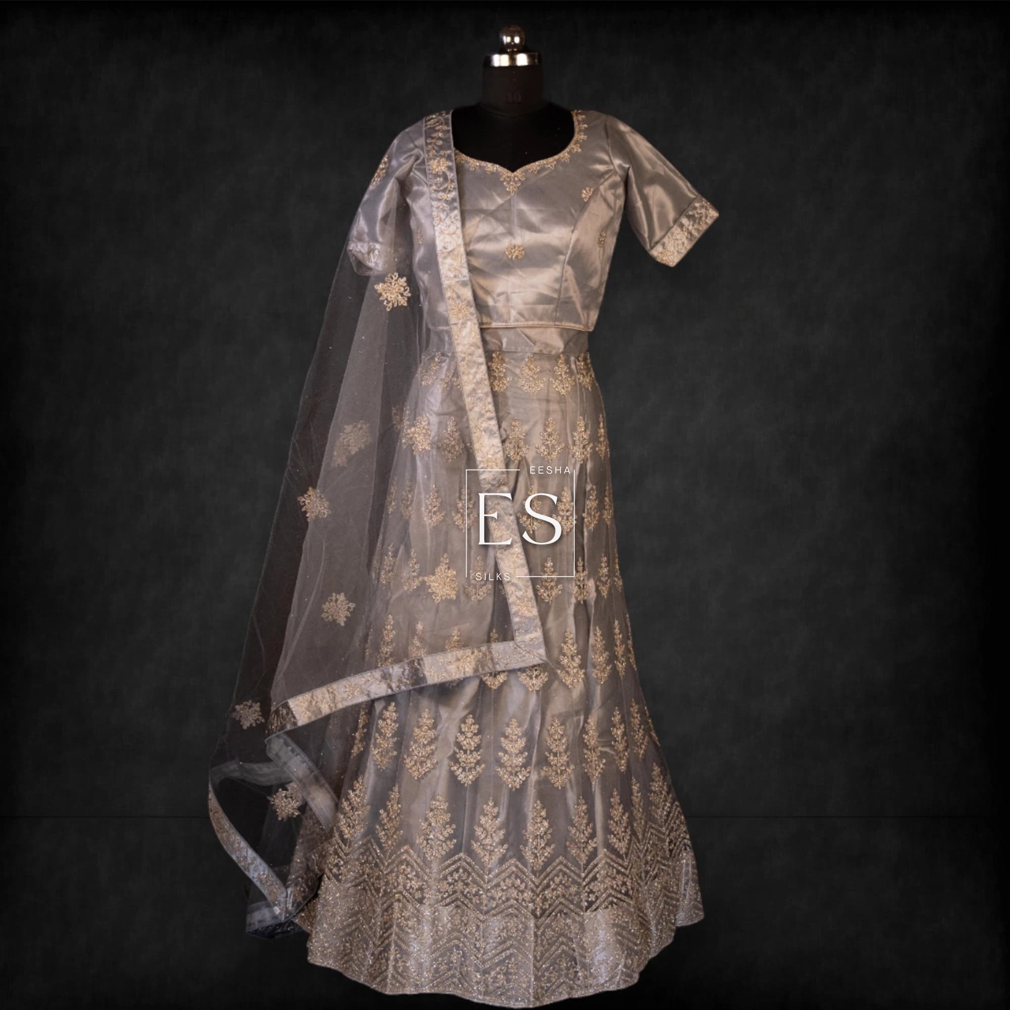 Silver Grey Embroidered Lehenga - View 1