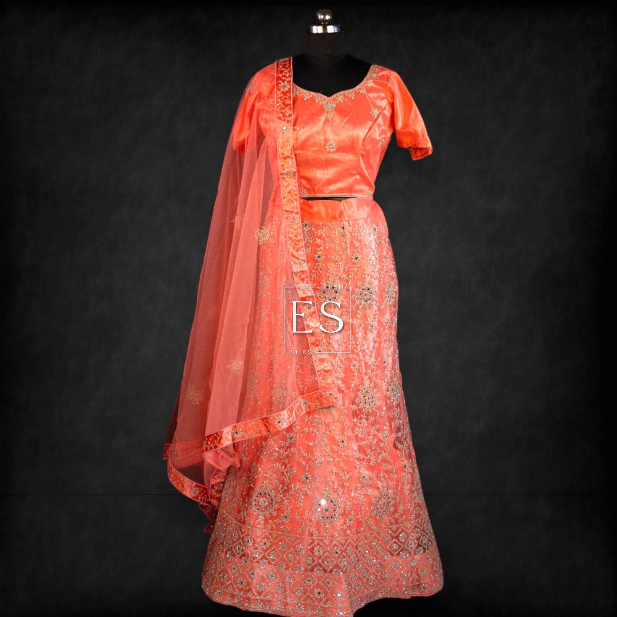 Coral Orange Embroidered Lehenga - View 1