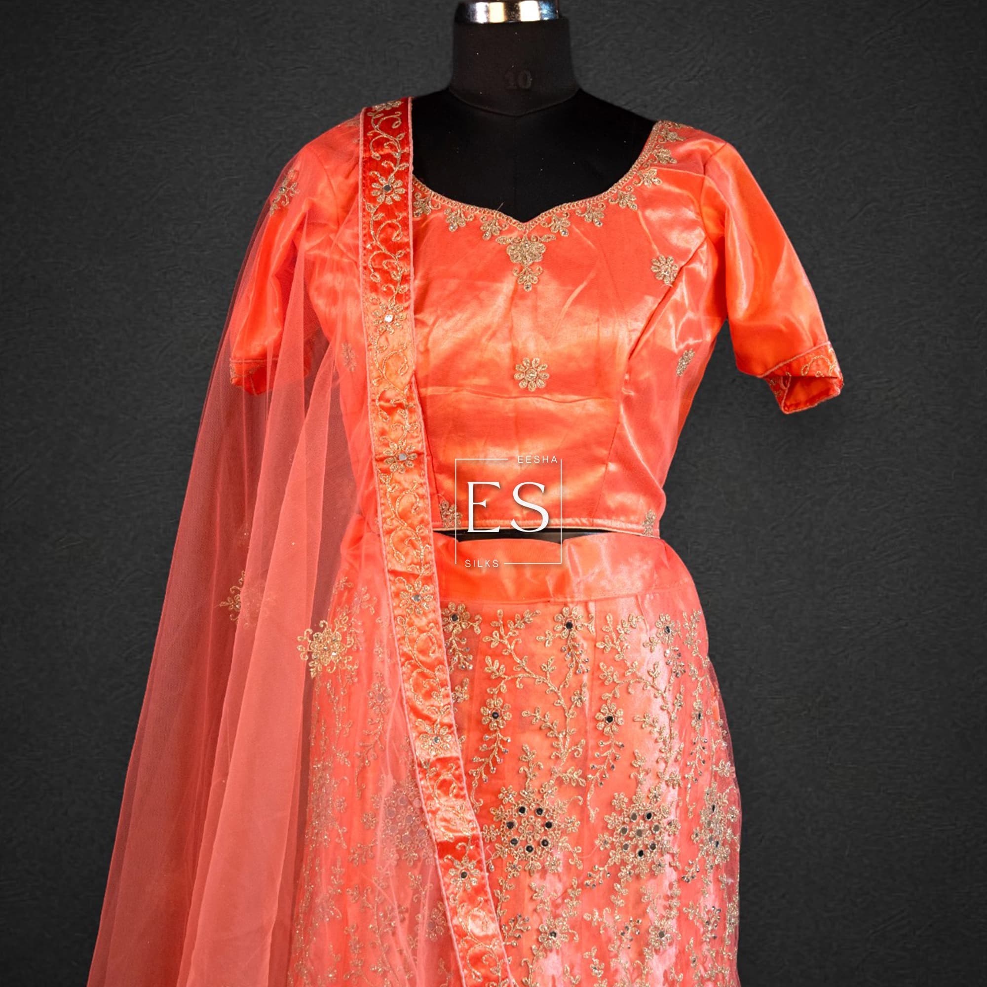 Coral Orange Embroidered Lehenga - View 2