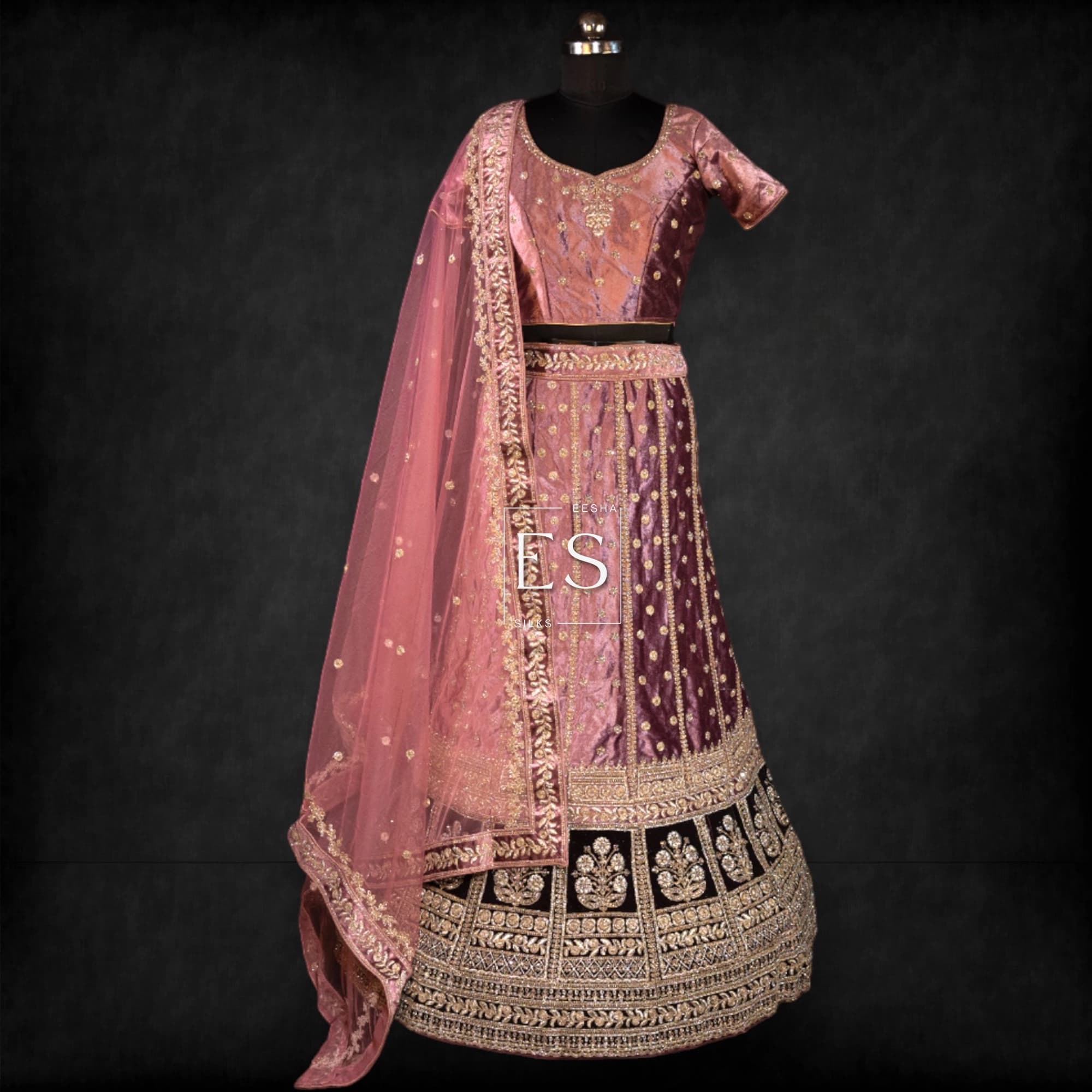 Mauve Velvet Lehenga with Rose Dupatta - View 1