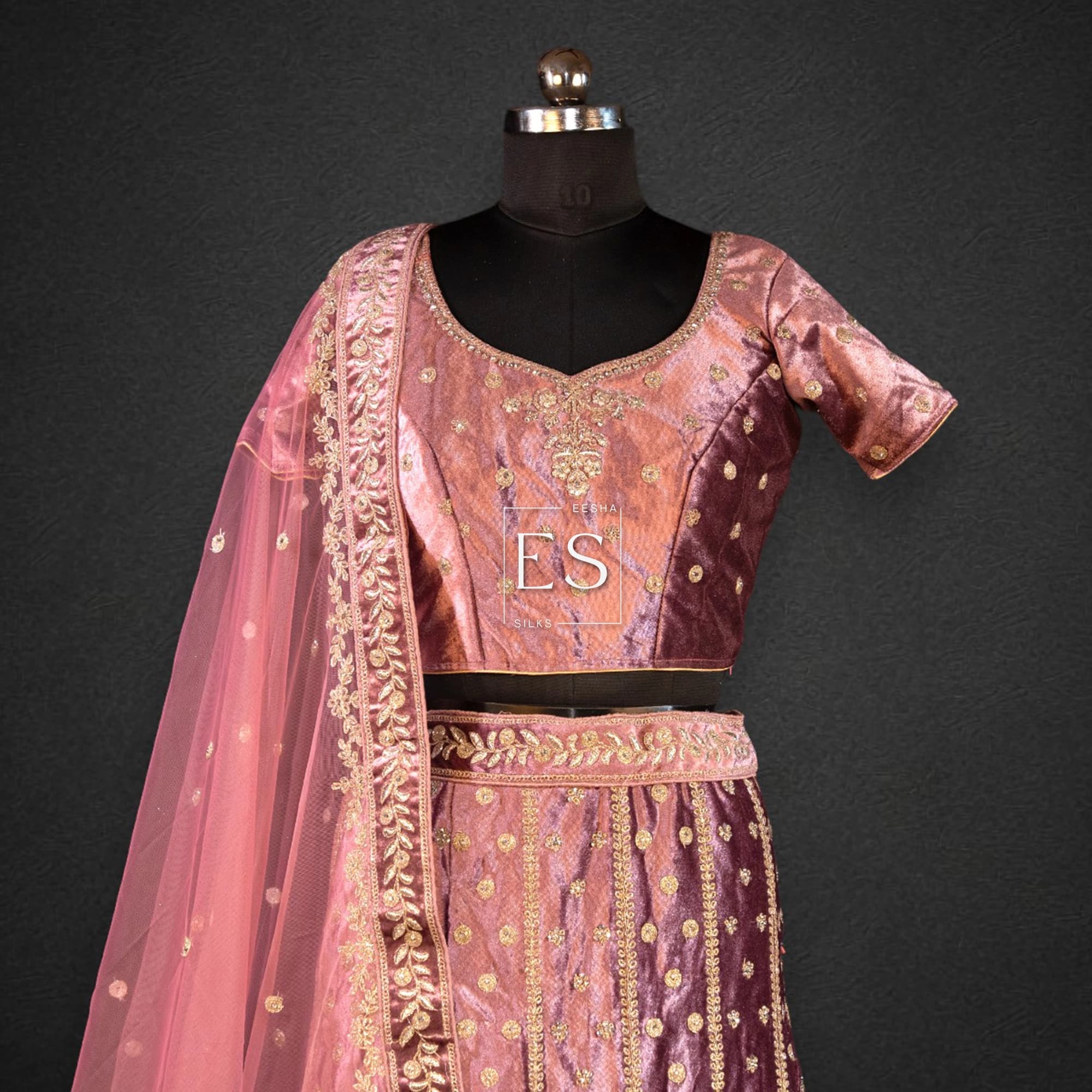 Mauve Velvet Lehenga with Rose Dupatta - View 2