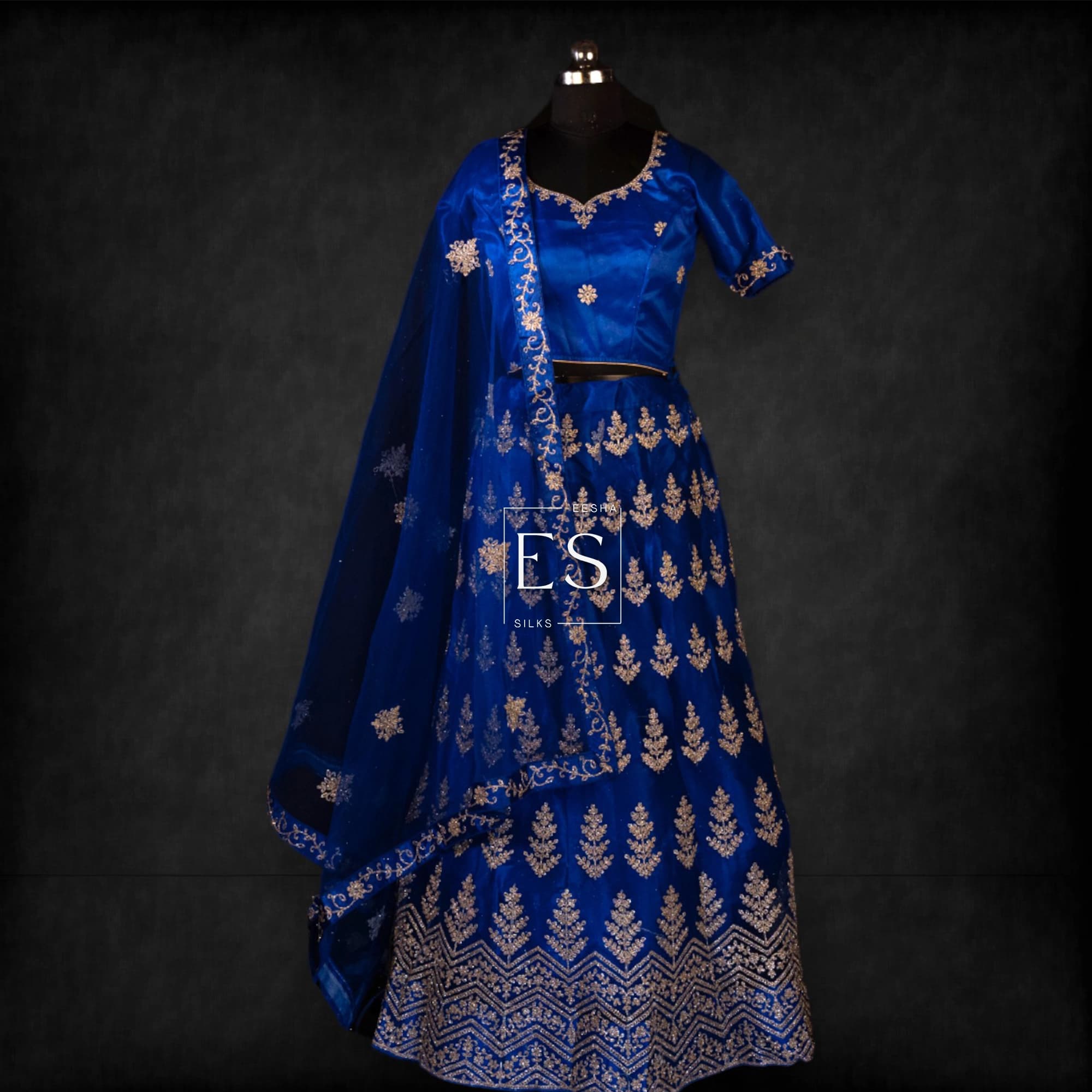 Royal Blue Butti Embroidered Lehenga - View 1