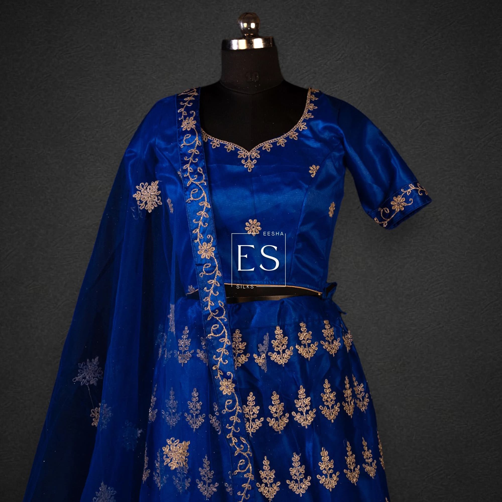 Royal Blue Butti Embroidered Lehenga - View 2