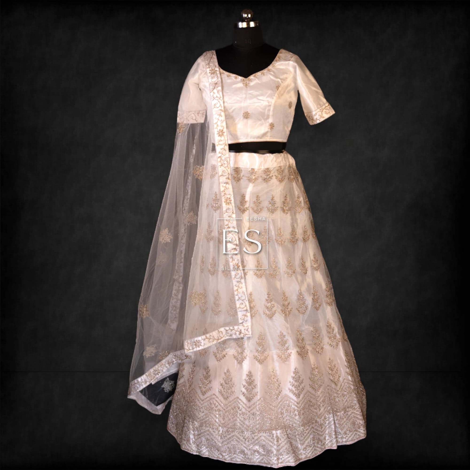 Pearl White Embroidered Lehenga - View 1